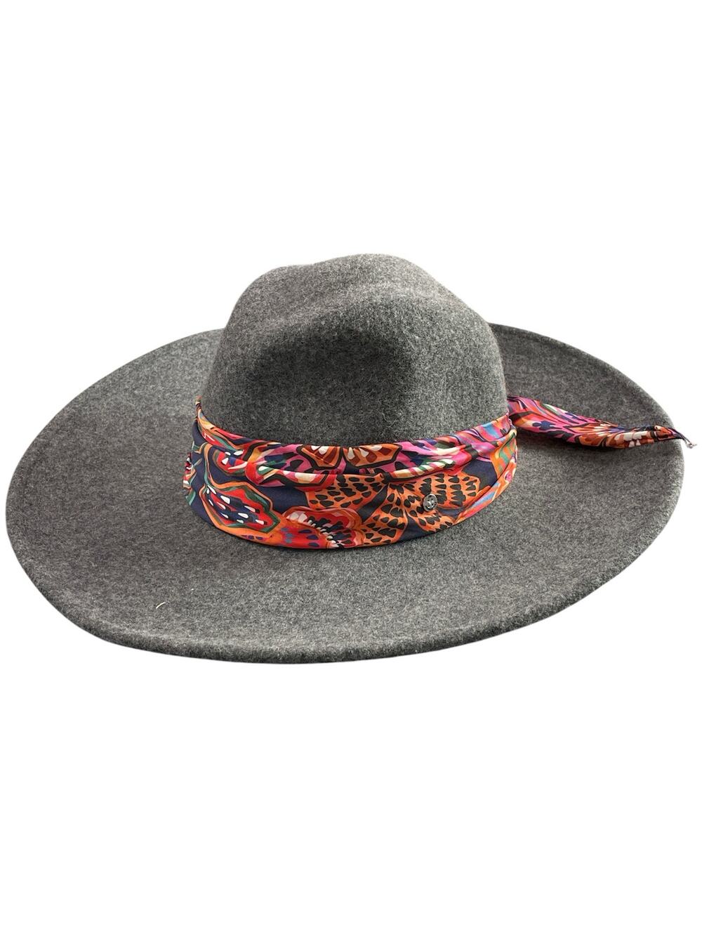 Johnny Was 100% Wool Gray Scarf Band Wide Brim Western Cowboy Fedora Hat OSFM